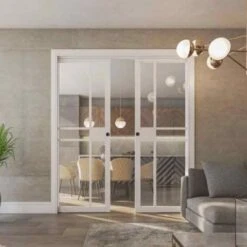 Deanta Double Pocket Door Kit Including Handle & Doorjamb 100mm - White Frame - Satin Chrome Finish - PDDK-838-100