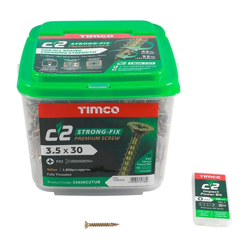 Timco C2 Strong-Fix Multi-Purpose Premium Screws - PZ - Double Countersunk - Yellow 1800pcs Tub - 3.5 X 30 - 35030C2TUB 3 Timco C2 Strong-Fix Multi-Purpose Premium Screws - PZ - Double Countersunk - Yellow 1800pcs Tub - 3.5 X 30 - 35030C2TUB - Image 3