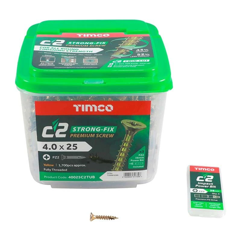 Timco C2 Strong-Fix Multi-Purpose Premium Screws - PZ - Double Countersunk - Yellow 1700pcs Tub - 4.0 X 25 - 40025C2TUB 3 Timco C2 Strong-Fix Multi-Purpose Premium Screws - PZ - Double Countersunk - Yellow 1700pcs Tub - 4.0 X 25 - 40025C2TUB - Image 3