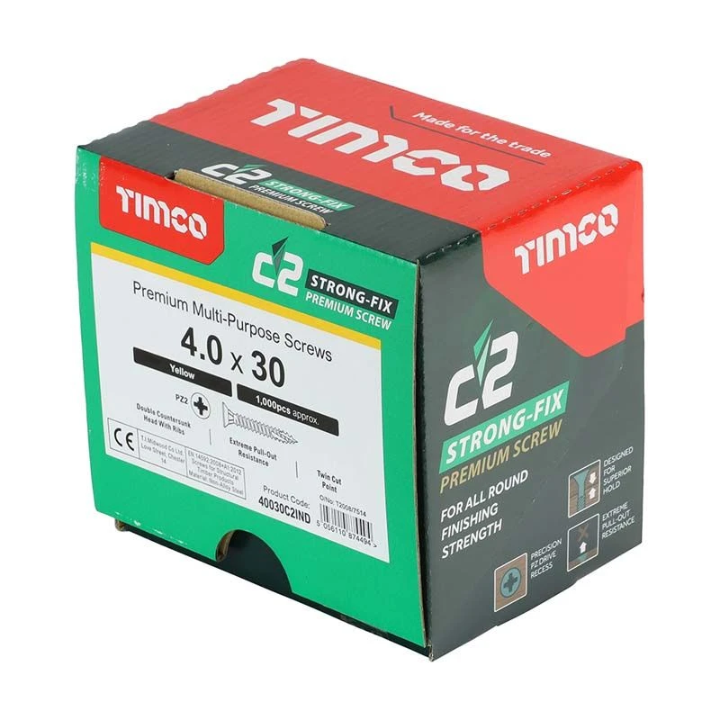 Timco C2 Strong-Fix Multi-Purpose Premium Screws - Industry Pack - PZ - Double Countersunk - Yellow Box 1000pcs - 4.0 X 30 - 40030C2IND 2 Timco C2 Strong-Fix Multi-Purpose Premium Screws - Industry Pack - PZ - Double Countersunk - Yellow Box 1000pcs - 4.0 X 30 - 40030C2IND - Image 2