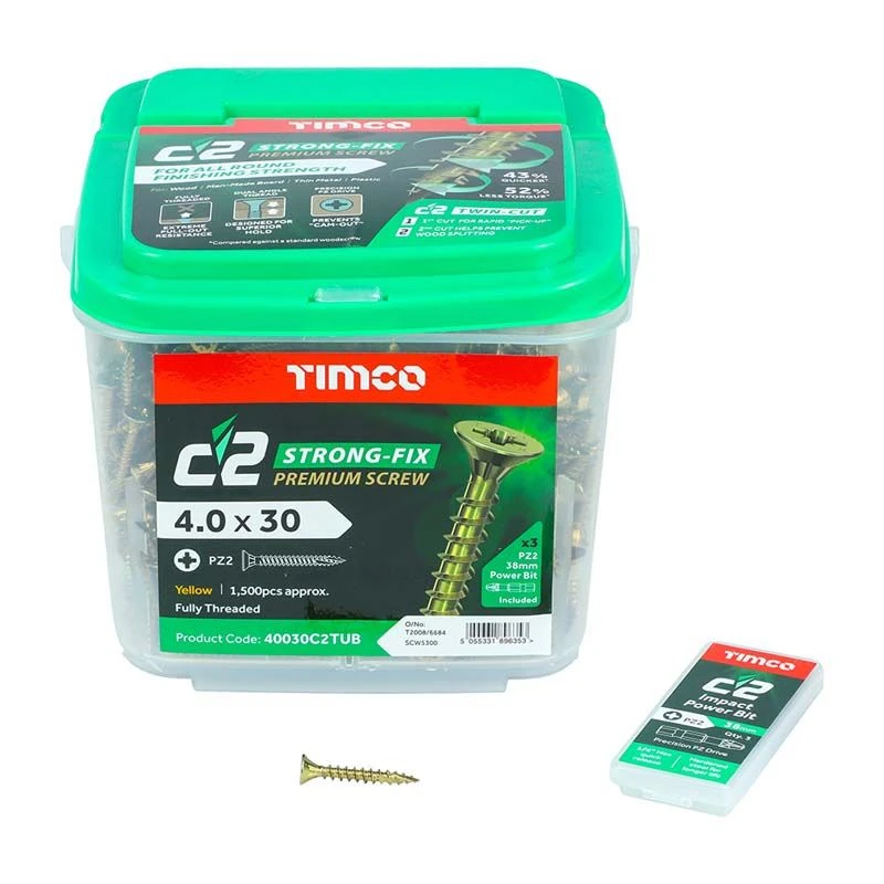 Timco C2 Strong-Fix Multi-Purpose Premium Screws - PZ - Double Countersunk - Yellow 1500pcs Tub - 4.0 X 30 - 40030C2TUB 3 Timco C2 Strong-Fix Multi-Purpose Premium Screws - PZ - Double Countersunk - Yellow 1500pcs Tub - 4.0 X 30 - 40030C2TUB - Image 3