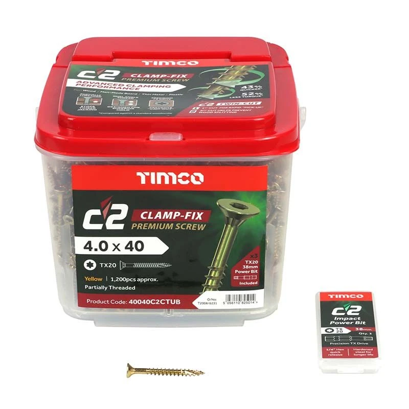 Timco C2 Clamp-Fix Premium Clamping Multi-Purpose Screws - TX - Double Countersunk - Yellow 1200pcs Tub - 4.0 X 40 - 40040C2CTUB 3 Timco C2 Clamp-Fix Premium Clamping Multi-Purpose Screws - TX - Double Countersunk - Yellow 1200pcs Tub - 4.0 X 40 - 40040C2CTUB - Image 3