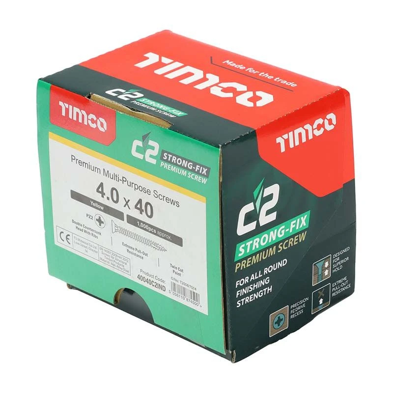 Timco C2 Strong-Fix Multi-Purpose Premium Screws - Industry Pack - PZ - Double Countersunk - Yellow Box 1000pcs - 4.0 X 40 - 40040C2IND 2 Timco C2 Strong-Fix Multi-Purpose Premium Screws - Industry Pack - PZ - Double Countersunk - Yellow Box 1000pcs - 4.0 X 40 - 40040C2IND - Image 2