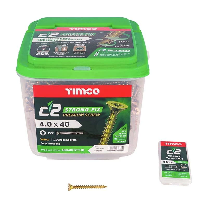Timco C2 Strong-Fix Multi-Purpose Premium Screws - PZ - Double Countersunk - Yellow 1200pcs Tub - 4.0 X 40 - 40040C2TUB 3 Timco C2 Strong-Fix Multi-Purpose Premium Screws - PZ - Double Countersunk - Yellow 1200pcs Tub - 4.0 X 40 - 40040C2TUB - Image 3