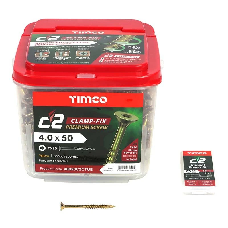 Timco C2 Clamp-Fix Premium Clamping Multi-Purpose Screws - TX - Double Countersunk - Yellow 800pcs Tub - 4.0 X 50 - 40050C2CTUB 3 Timco C2 Clamp-Fix Premium Clamping Multi-Purpose Screws - TX - Double Countersunk - Yellow 800pcs Tub - 4.0 X 50 - 40050C2CTUB - Image 3