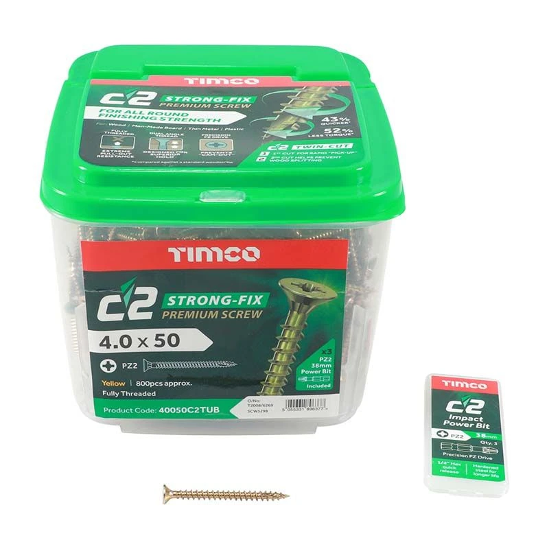 Timco C2 Strong-Fix Multi-Purpose Premium Screws - PZ - Double Countersunk - Yellow 800pcs Tub - 4.0 X 50 - 40050C2TUB 3 Timco C2 Strong-Fix Multi-Purpose Premium Screws - PZ - Double Countersunk - Yellow 800pcs Tub - 4.0 X 50 - 40050C2TUB - Image 3