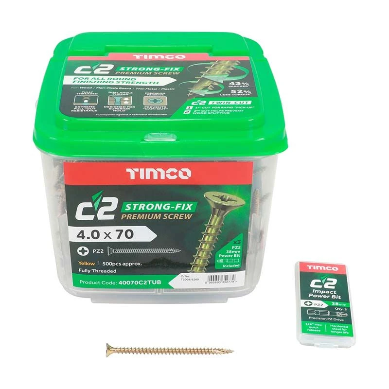Timco C2 Strong-Fix Multi-Purpose Premium Screws - PZ - Double Countersunk - Yellow 500pcs Tub - 4.0 X 70 - 40070C2TUB 3 Timco C2 Strong-Fix Multi-Purpose Premium Screws - PZ - Double Countersunk - Yellow 500pcs Tub - 4.0 X 70 - 40070C2TUB - Image 3