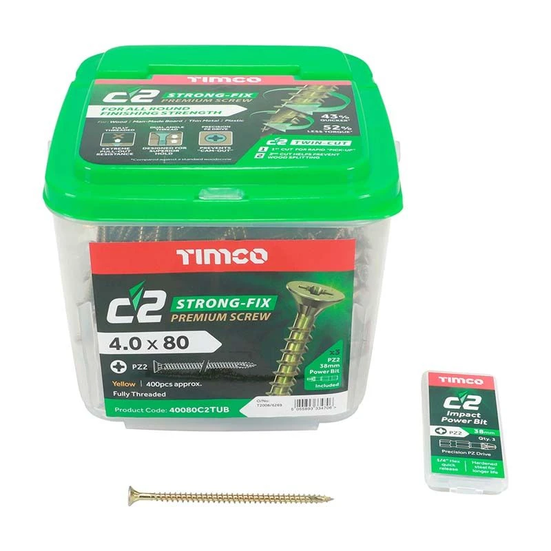 Timco C2 Strong-Fix Multi-Purpose Premium Screws - PZ - Double Countersunk - Yellow 400pcs Tub - 4.0 X 80 - 40080C2TUB 3 Timco C2 Strong-Fix Multi-Purpose Premium Screws - PZ - Double Countersunk - Yellow 400pcs Tub - 4.0 X 80 - 40080C2TUB - Image 3