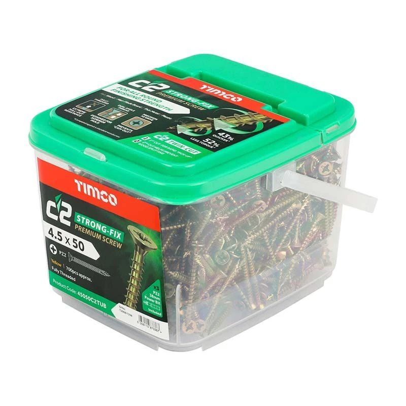 Timco C2 Strong-Fix Multi-Purpose Premium Screws - PZ - Double Countersunk - Yellow 700pcs Tub - 4.5 X 50 - 45050C2TUB 2 Timco C2 Strong-Fix Multi-Purpose Premium Screws - PZ - Double Countersunk - Yellow 700pcs Tub - 4.5 X 50 - 45050C2TUB - Image 2