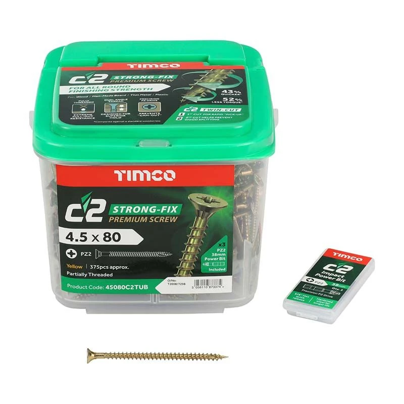 Timco C2 Strong-Fix Multi-Purpose Premium Screws - PZ - Double Countersunk - Yellow 375pcs Tub - 4.5 X 80 - 45080C2TUB 3 Timco C2 Strong-Fix Multi-Purpose Premium Screws - PZ - Double Countersunk - Yellow 375pcs Tub - 4.5 X 80 - 45080C2TUB - Image 3
