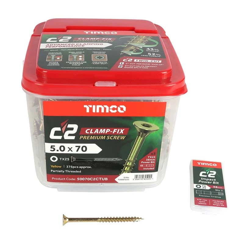 Timco C2 Clamp-Fix Premium Clamping Multi-Purpose Screws - TX - Double Countersunk - Yellow 375pcs Tub - 5.0 X 70 - 50070C2CTUB 3 Timco C2 Clamp-Fix Premium Clamping Multi-Purpose Screws - TX - Double Countersunk - Yellow 375pcs Tub - 5.0 X 70 - 50070C2CTUB - Image 3
