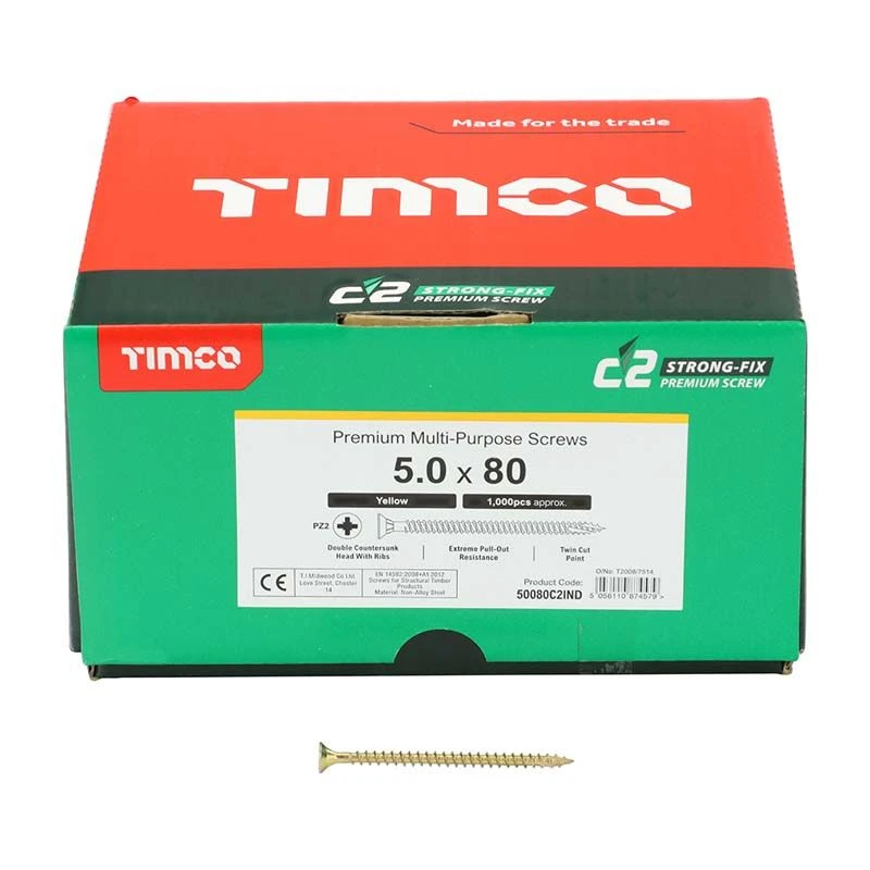 Timco C2 Strong-Fix Multi-Purpose Premium Screws - Industry Pack - PZ - Double Countersunk - Yellow Box 1000pcs - 5.0 X 80 - 50080C2IND 3 Timco C2 Strong-Fix Multi-Purpose Premium Screws - Industry Pack - PZ - Double Countersunk - Yellow Box 1000pcs - 5.0 X 80 - 50080C2IND - Image 3