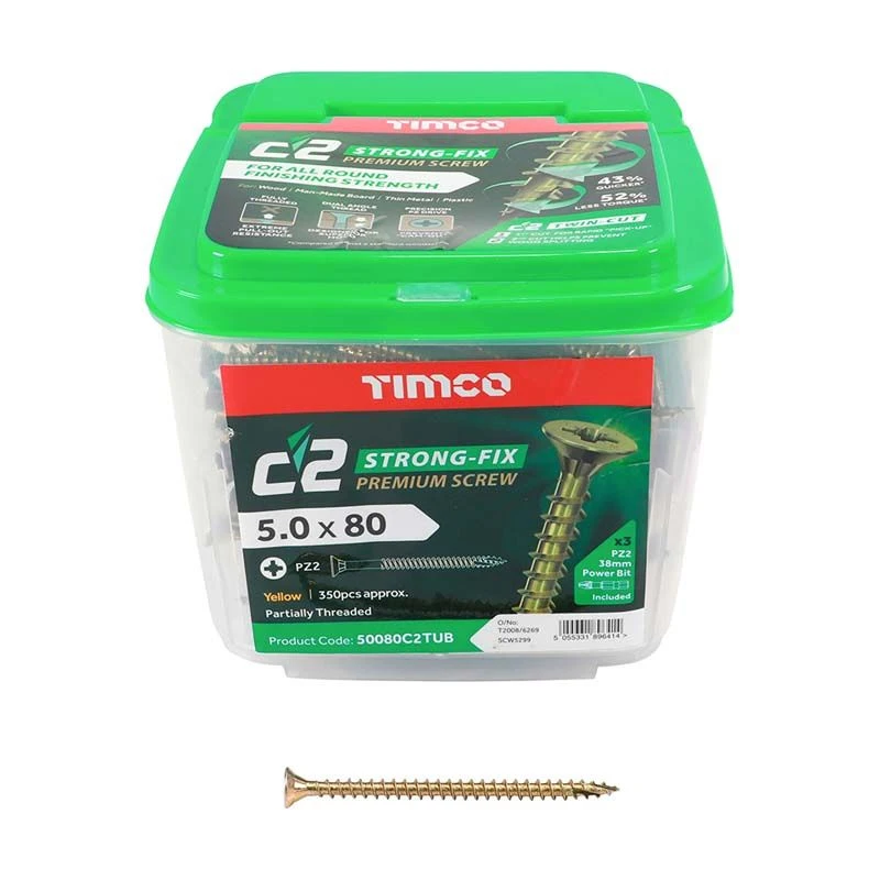 Timco C2 Strong-Fix Multi-Purpose Premium Screws - PZ - Double Countersunk - Yellow 350pcs Tub - 5.0 X 80 - 50080C2TUB 3 Timco C2 Strong-Fix Multi-Purpose Premium Screws - PZ - Double Countersunk - Yellow 350pcs Tub - 5.0 X 80 - 50080C2TUB - Image 3