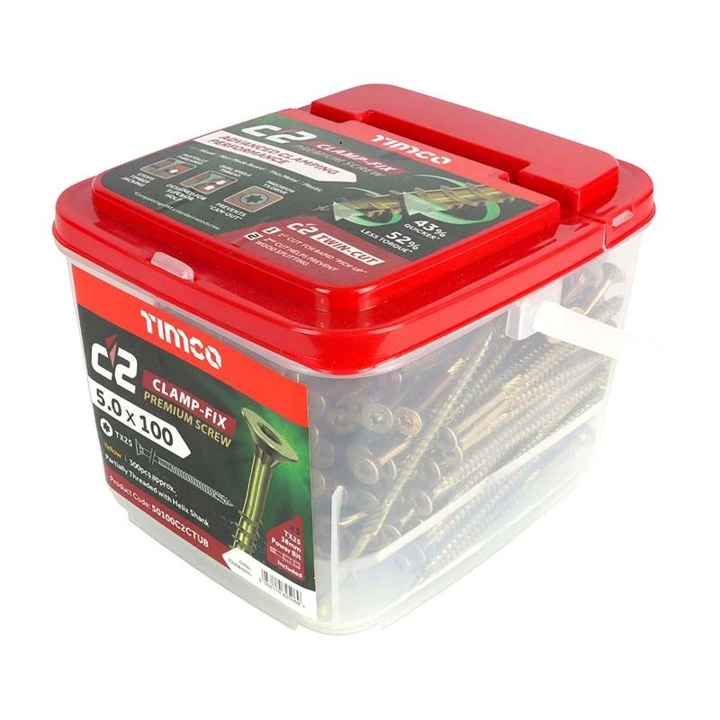 Timco C2 Clamp-Fix Premium Clamping Multi-Purpose Screws - TX - Double Countersunk - Yellow 300pcs Tub - 5.0 X 100 - 50100C2CTUB 2 Timco C2 Clamp-Fix Premium Clamping Multi-Purpose Screws - TX - Double Countersunk - Yellow 300pcs Tub - 5.0 X 100 - 50100C2CTUB - Image 2