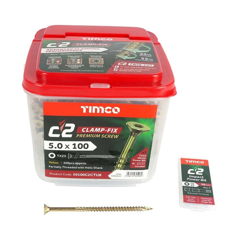 Timco C2 Clamp-Fix Premium Clamping Multi-Purpose Screws - TX - Double Countersunk - Yellow 300pcs Tub - 5.0 X 100 - 50100C2CTUB 3 Timco C2 Clamp-Fix Premium Clamping Multi-Purpose Screws - TX - Double Countersunk - Yellow 300pcs Tub - 5.0 X 100 - 50100C2CTUB - Image 3