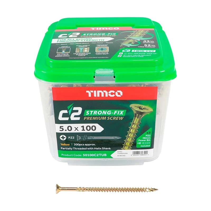 Timco C2 Strong-Fix Multi-Purpose Premium Screws - PZ - Double Countersunk - Yellow 300pcs Tub - 5.0 X 100 - 50100C2TUB 3 Timco C2 Strong-Fix Multi-Purpose Premium Screws - PZ - Double Countersunk - Yellow 300pcs Tub - 5.0 X 100 - 50100C2TUB - Image 3