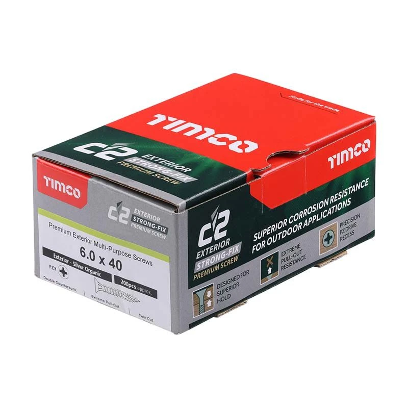 Timco C2 Exterior Strong-Fix Multi-Purpose Premium Screws - PZ - Double Countersunk - Silver 200pcs Box - 6.0 X 40 - 60040C2SBX 2 Timco C2 Exterior Strong-Fix Multi-Purpose Premium Screws - PZ - Double Countersunk - Silver 200pcs Box - 6.0 X 40 - 60040C2SBX - Image 2