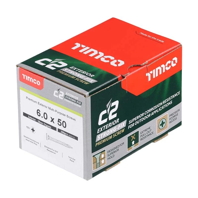 Timco C2 Exterior Strong-Fix Multi-Purpose Premium Screws - PZ - Double Countersunk - Silver 200pcs Box - 6.0 X 50 - 60050C2SBX 2 Timco C2 Exterior Strong-Fix Multi-Purpose Premium Screws - PZ - Double Countersunk - Silver 200pcs Box - 6.0 X 50 - 60050C2SBX - Image 2