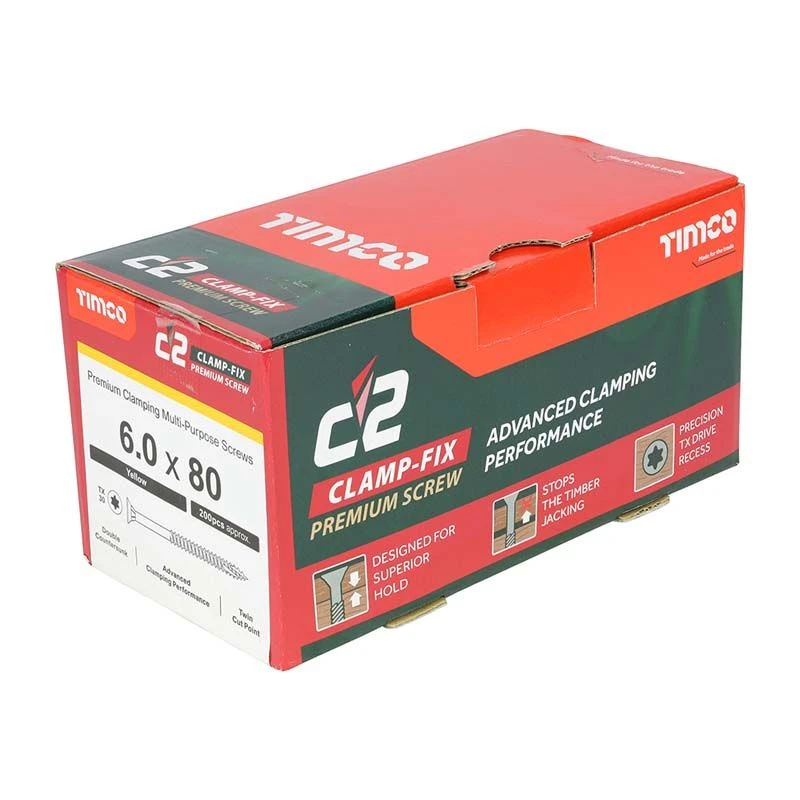 Timco C2 Clamp-Fix Multi-Purpose Premium Screws - TX - Double Countersunk - Yellow 200pcs Box - 6.0 X 80 - 60080C2C 2 Timco C2 Clamp-Fix Multi-Purpose Premium Screws - TX - Double Countersunk - Yellow 200pcs Box - 6.0 X 80 - 60080C2C - Image 2