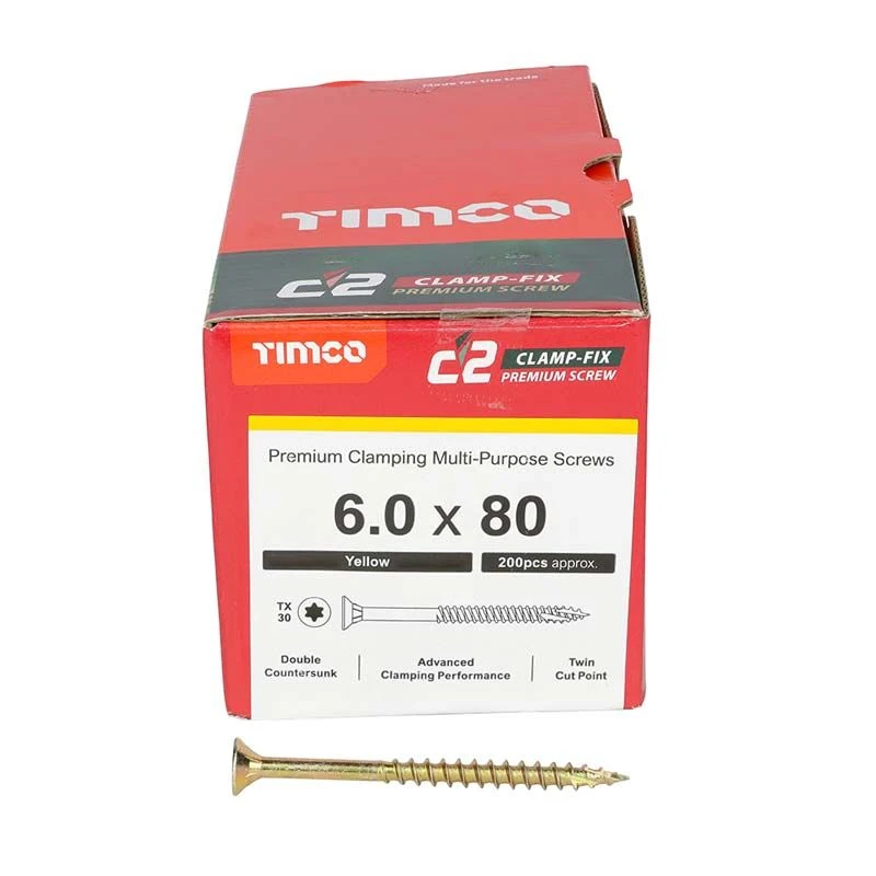 Timco C2 Clamp-Fix Multi-Purpose Premium Screws - TX - Double Countersunk - Yellow 200pcs Box - 6.0 X 80 - 60080C2C 3 Timco C2 Clamp-Fix Multi-Purpose Premium Screws - TX - Double Countersunk - Yellow 200pcs Box - 6.0 X 80 - 60080C2C - Image 3