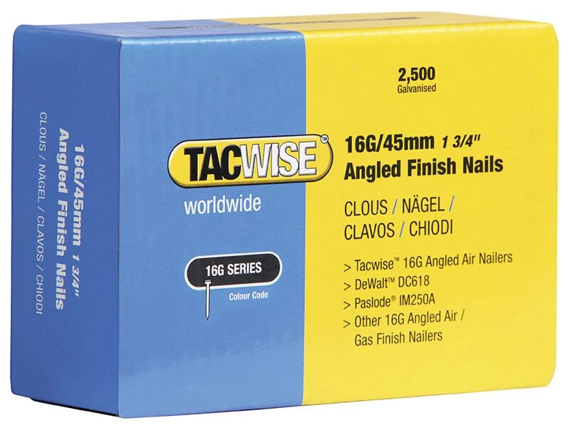 Tacwise 16 Gauge Angled Nails 50mm For DC618K Pack 2500 - TAC0772 1 Tacwise 16 Gauge Angled Nails 50mm For DC618K Pack 2500 - TAC0772